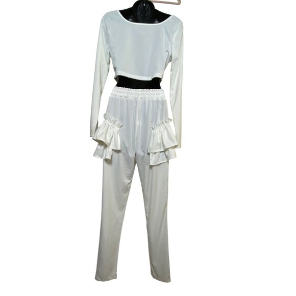 Two-Piece‎ White Long-Sleeve Crop Top & Ruffled Pants Set 1XL Sexy Stretch Cute - Picture 2 of 7